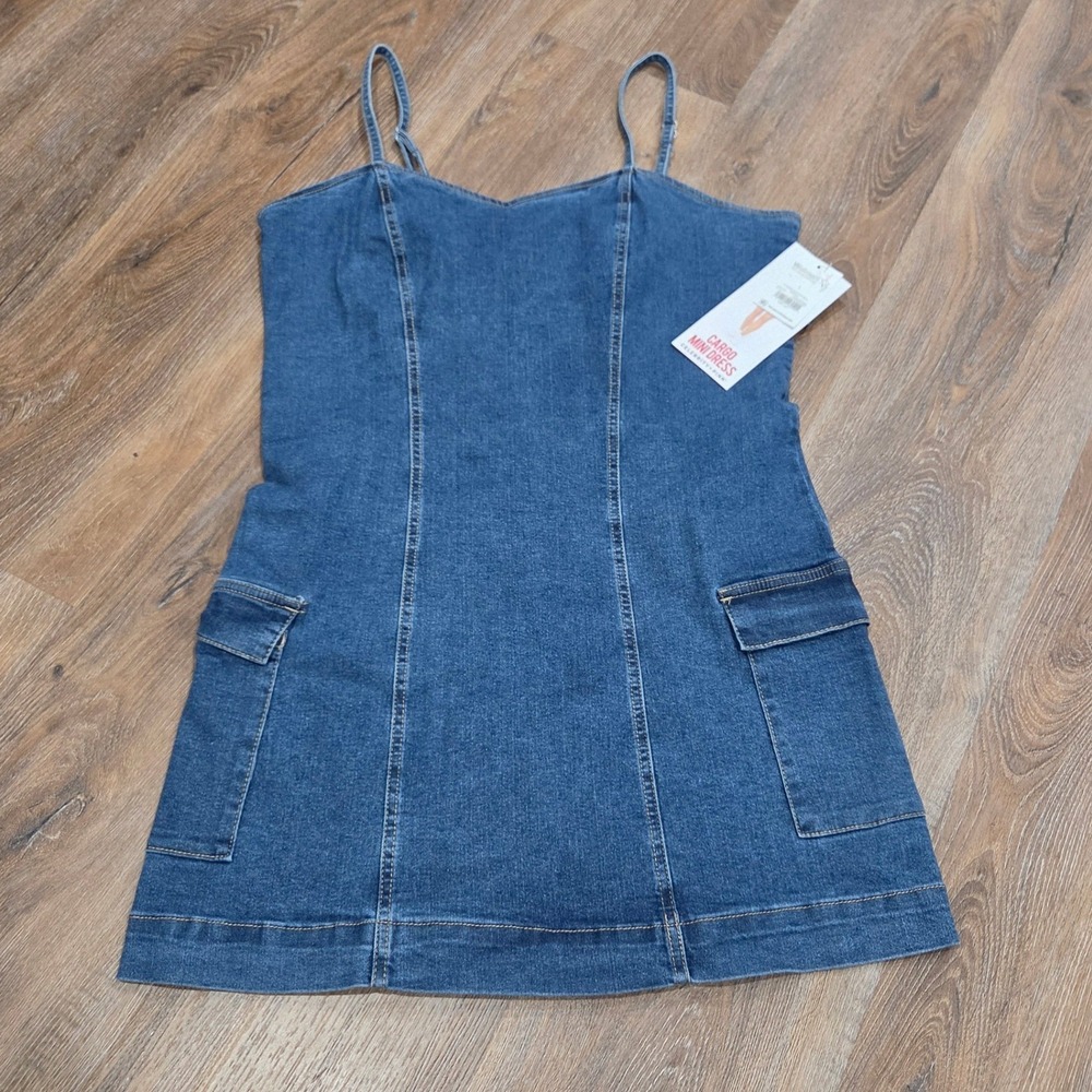 Celebrity Pink Womens Denim Cargo Mini Dress Blue Large NWT Smocked Back Pockets